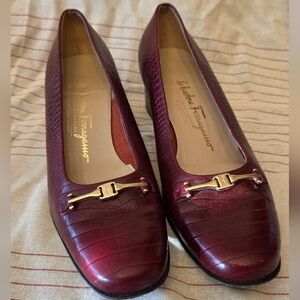 Salvatore Ferragamo Burgundy Croc Pumps